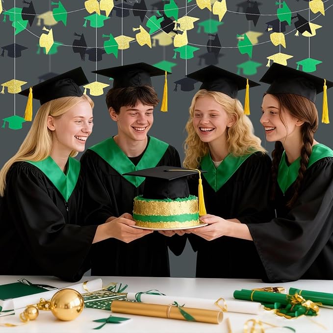Black Green and Gold Graduation Garland Graduation Party Decorations Class of 2026 Grad Cap Garland Banner Streamers for Grad Party Hanging Decorations 39Feet
