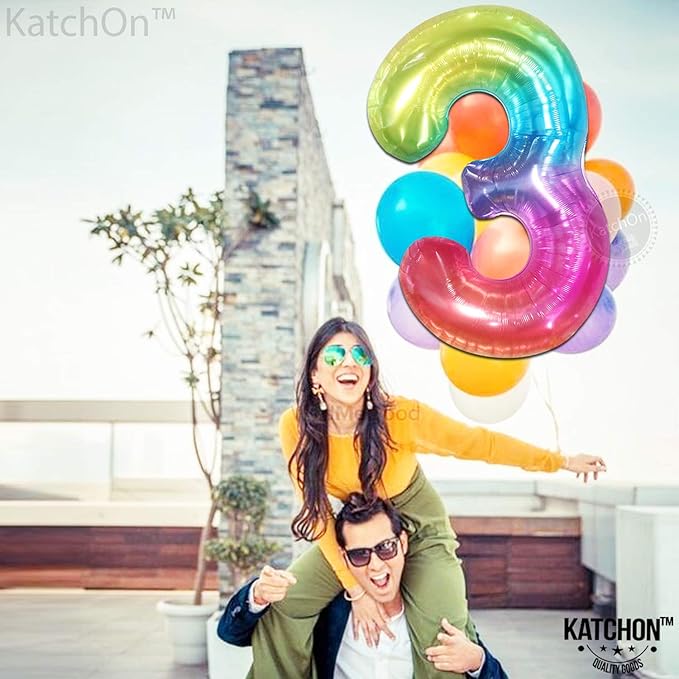KatchOn, Giant Jelly Rainbow 3 Balloon Number - 40 Inch | Number 3 Balloon for 3rd Birthday Girl Decorations | 3rd Birthday Balloons | Rainbow Number Balloons for Anniversary Decorations