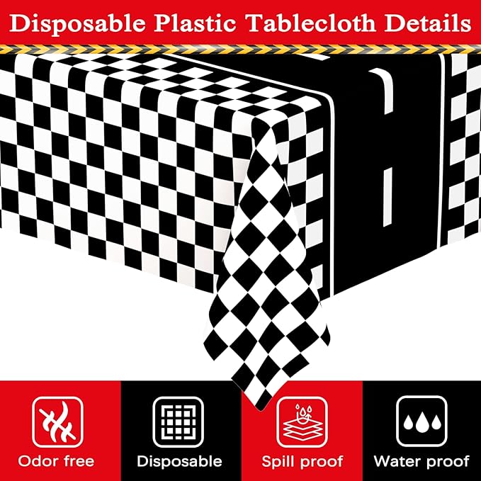 WNINK 2 Pack Race Car Table Cloth Black and White Gingham Tablecloths Disposable Plastic Buffalo Check Tablecloth Checkered Flag Covers for Birthday, Outdoor Picnic, Birthday, Camping 54 × 108 Inch