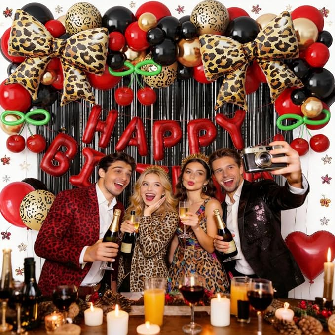 Red Black Cheetah Print Birthday Decorations Balloons Kit, 112Pcs Red Black Gold Latex Balloons with Bow Heart Happy Birthday Foil Balloon and Fringe Curtain for Girls Women