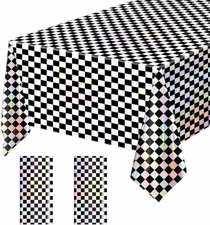 2 Pack Black and Iridescent Checkered Tablecloth Shiny Disposable Holographic Foil Table Cloth Plastic Laser Rectangle Table Cover for Picnic Birthday Party Race Car Tablecloth