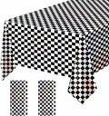 2 Pack Black and Iridescent Checkered Tablecloth Shiny Disposable Holographic Foil Table Cloth Plastic Laser Rectangle Table Cover for Picnic Birthday Party Race Car Tablecloth