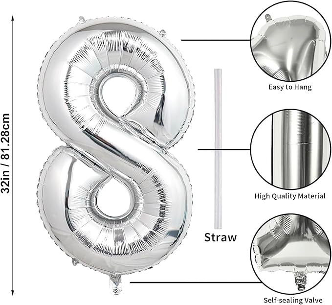 32 In Silver Large Numbers Balloons 0-9, Self Inflating Number 8 Balloons for Boys Girls, Big Silver Digit 8 Balloons for Women Men Birthday Party Anniversary Wedding Supplies Decorations