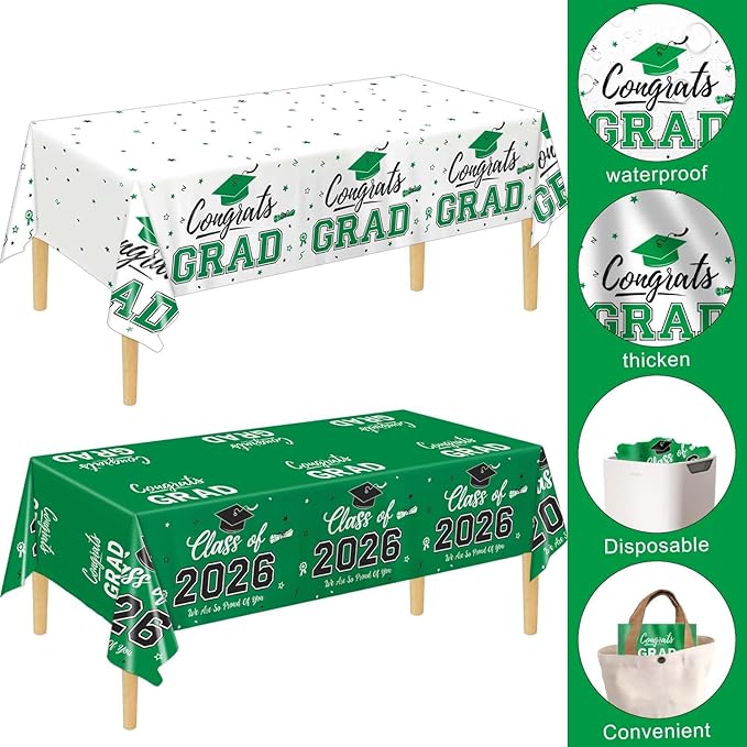 Oigco 2026 Graduation Decorations, 2 Pack Green Graduation Tablecloths Class of 2026, Congrats Grad Plastic Tablecloths for Graduation Party Decorations, 54 x 108 Inch