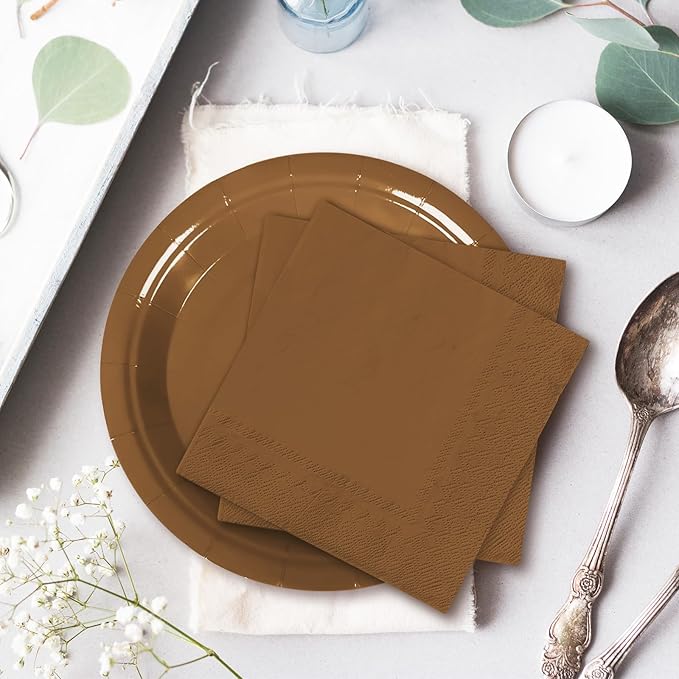 Whaline 100Pcs Brown Tableware Set Fall Disposable Dinnerware Set 50Pcs Paper Plates 25Pcs Napkin 25Pcs Cups for Wedding Birthday Bride Shower Party Supplies Table Decor