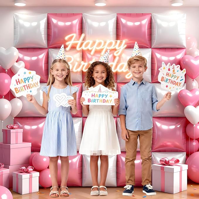 25Pcs Pink and White Square Foil Balloons Wall Backdrop, Double Sided Metallic Foil Balloons Tunnel Arch Garland Kit for Photo Booth Birthday Wedding Graduation Halloween Party Decorations