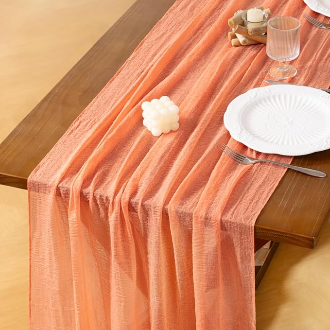 Socomi 6pcs Peach Easter Spring Gauze Cheesecloth Table Runner 120 Inch Rustic Boho Cheese Cloth Runner for Wedding Party Baby Bridal Shower Centerpiece Decoration Holiday Home Decorations
