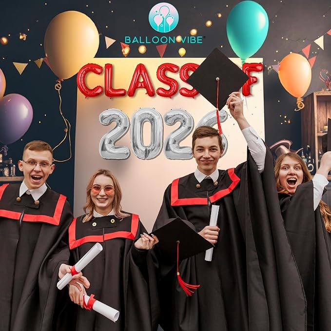 BALLOON VIBE CLASS OF 2026 Balloons - Graduation Ceremony Backdrop for Convocation - Foil Letter Balloons with Straws, Adhesive Dots & Ribbon - Class of 2026 Banner for Graduation Party Decor