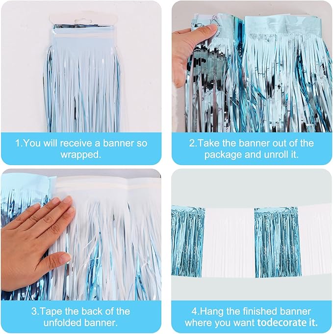 BEISHIDA 3 Packs Metallic Foil Fringe Garland Light Blue White Wall Hanging Tinsel Fringe Banners for Car Floats Bridal Shower Wedding Birthday Graduation Holiday Party Decoration(30 Feet)