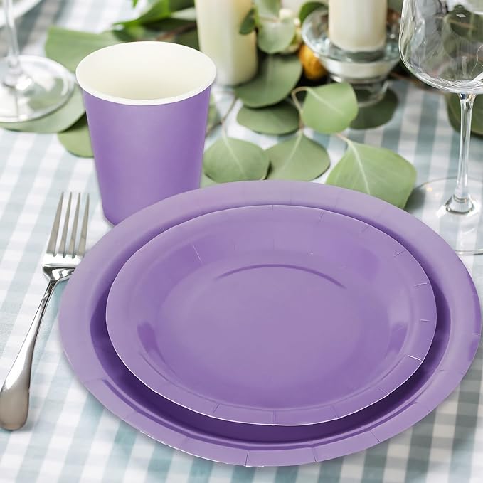 Whaline 100Pcs Lavender Tableware Set Graduation Light Purple Disposable Dinnerware Set 50Pcs Paper Plates 25Pcs Napkin 25Pcs Cups for School Wedding Birthday Bride Shower Party Supplies Table Decor