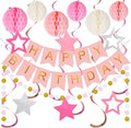 meowtastic Birthday Decorations, Happy Birthday Banner with Honeycomb Balls, Stars Hanging Swirls Streamers, Circle Dots Garland, Happy Birthday Party Decorations for Women Men Boys Girls (Pink)