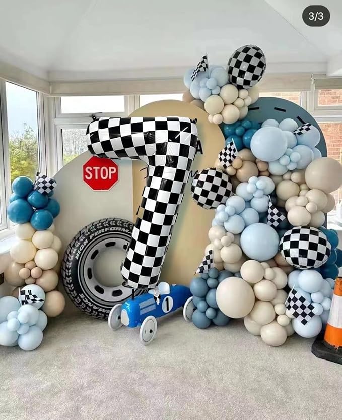 40 Inch Checkered Number Balloon 4 Black and White Number 4 Balloon Foil Helium Balloons for Birthday Party Decoration Girls Boys Baby Shower Anniversary Decoration Race Car Party Decoration
