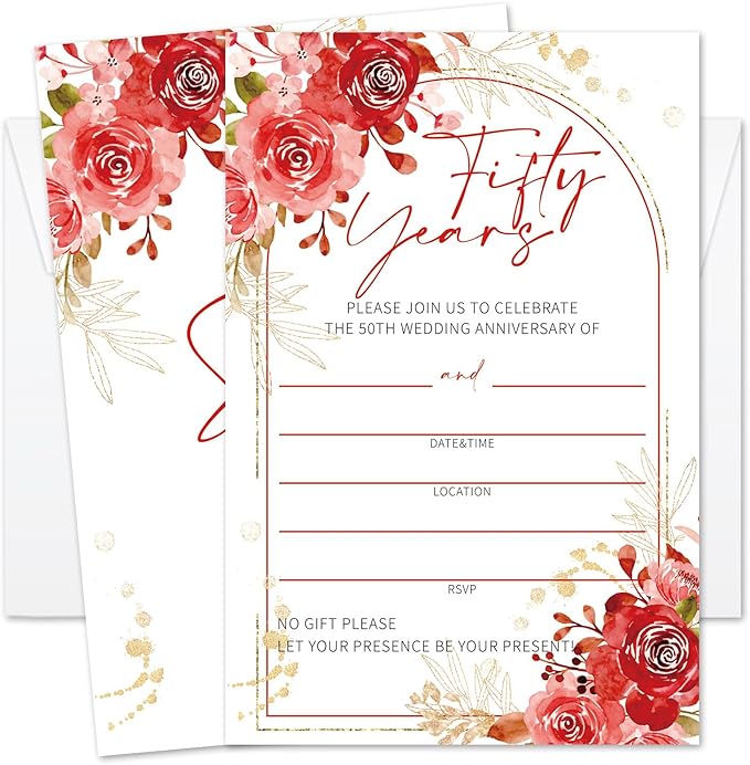 Floral 50th Wedding Anniversary Invitations, 50th Anniversary Invites, Wedding Party Supplies, 25 Pcs Cards & Envelopes /13