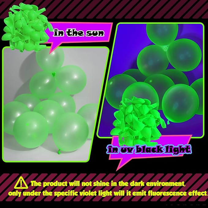 100 Pcs UV Neon Green Balloons 12 inch Neon Party Supplies, Balloons, Glow in the Dark for Birthday, Graduation, Baby Shower,Wedding, Anniversary Valentines Party Decorations