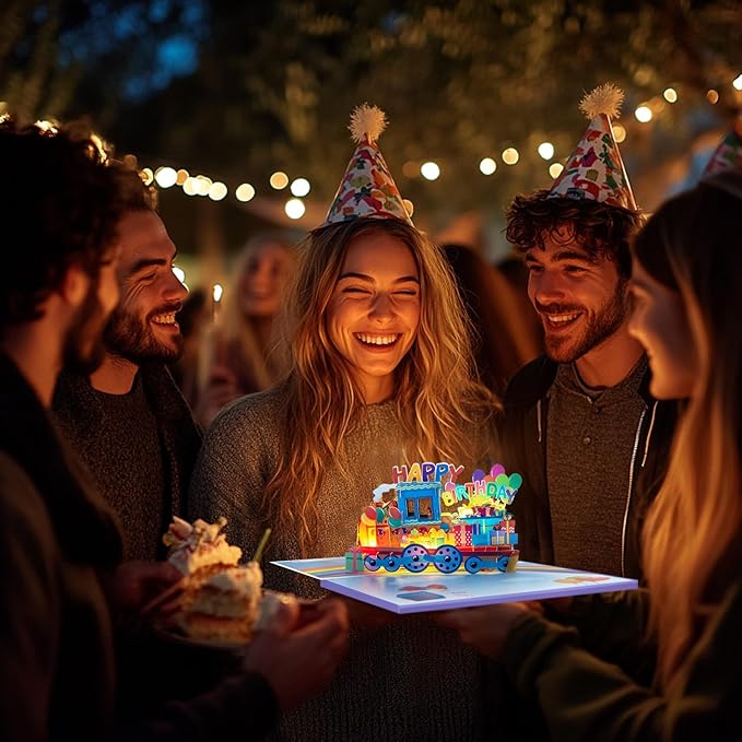 Rainbow Train Music Playing Pop Up Card Happy Birthday Greeting Card with LED Light,3D Birthday Gift for Adults and Kids with Blank Note Card & Envelope, Foldable Celebration Cards