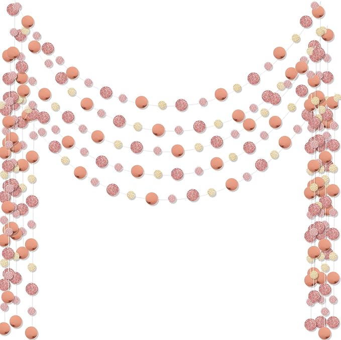 Outus 5 Pieces Rose Gold Round Dots Garland Easter Graduation Party Hanging Decor Each Length 13.1ft Glitter Paper Dot Streamers for Birthday Wedding Classroom (Champagne)