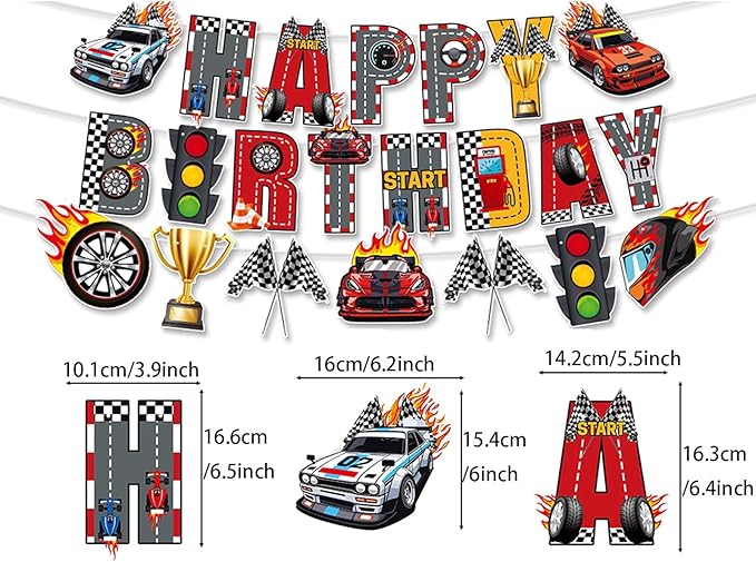 Zwiebeco Race Car Happy Birthday Banner Bunting Hanging Paper Swirls Garland Party Decorations for Racing Themed Boys Men Bday Baby Shower Decor Accessories Supplies