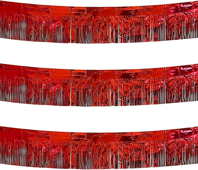 3 Pack Red Total 30 Feet Foil Fringe Garland Metallic Tinsel Banner Wall Hanging Drapes Parade Float Skirting Decorations for Trailer Mardi Gras Party Birthday Wedding Baby Shower (Red)