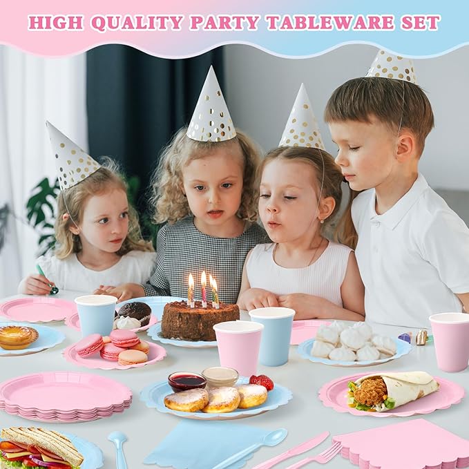 Vyntra 350 Pcs Pink and Blue Disposable Paper Plates and Napkins Set for 50, 9" Dinner Plates & 7" Dessert Plates, Tableware for Baby Shower, Gender Reveal, Birthday, Party