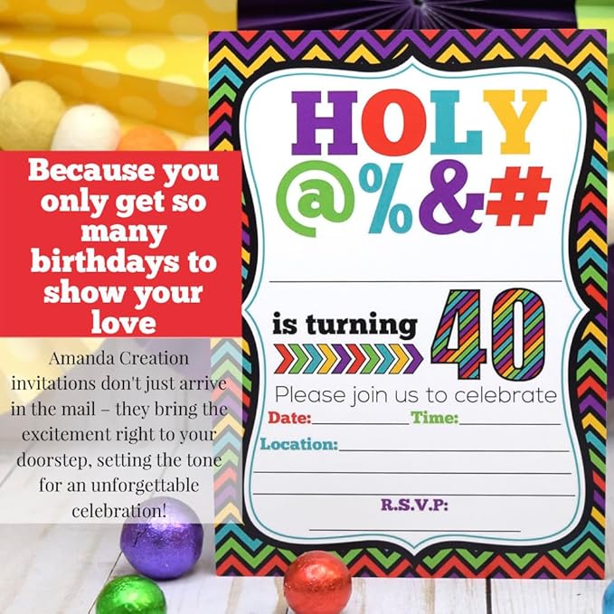 Funny “Holy @%” 40th Birthday Party Theme 20 Invitations 5x7 Fill-In Cards with Envelopes, Adult Humor Design for Milestone Birthday Celebration, Made in USA by Amanda Creation