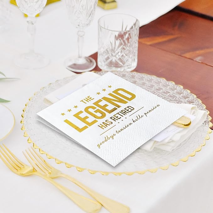The Legend Has Retired Cocktail Napkins, 50 Pack 3-Ply Retirement Party Decorations Supplies, Gold Foil Disposable Napkins for Farewell,Coworker Goodbye & Going Away Celebration (5"x5")