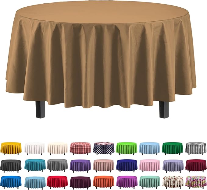 Exquisite Party Solids 6-Pack Premium Plastic Tablecloth 84in. Round Plastic Table Cover - Gold
