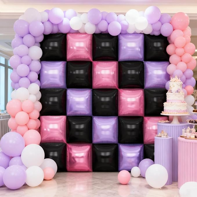 Pink and Purple Black Square Foil Balloons Wall, 19'' Reusable DIY Mylar Double Balloons Garland Tunnel Arch Kit for Baby Shower Anniversary Bachelorette Birthday Engagement Bridal Decor ﻿