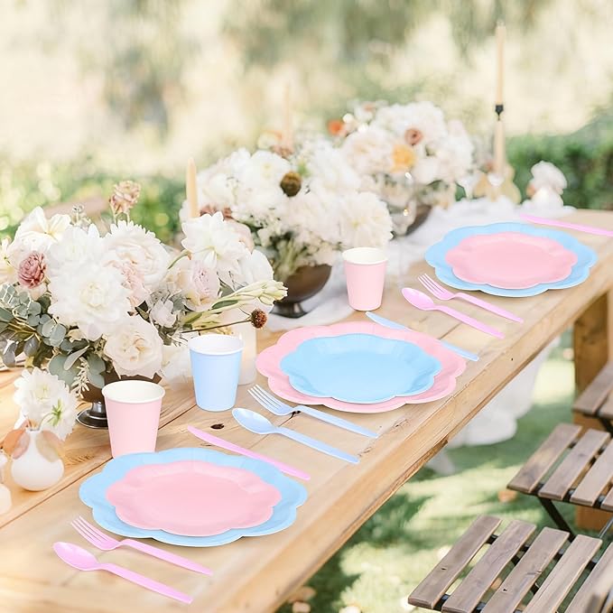 400 Pcs Gender Reveal Plates and Napkins set - Serve 50, Boy or Girl Gender Reveal Party Supplies Includes Pink and Blue Scalloped Plates Napkins Cups Plastic Spoons Forks Knives for Baby Shower