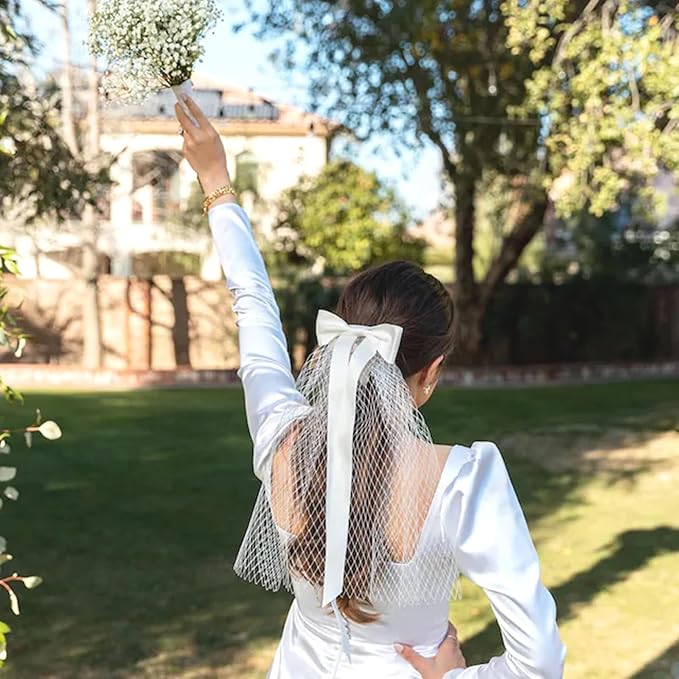Bridal Veil Bachelorette Party Veil White Bow Wedding Veil Elegant Tulle Layer Hair Clip for Women and Girls