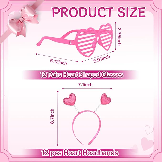 24 Pcs Valentines Heart Head Boppers Headbands and Heart Shape Sunglasses Party Supplies