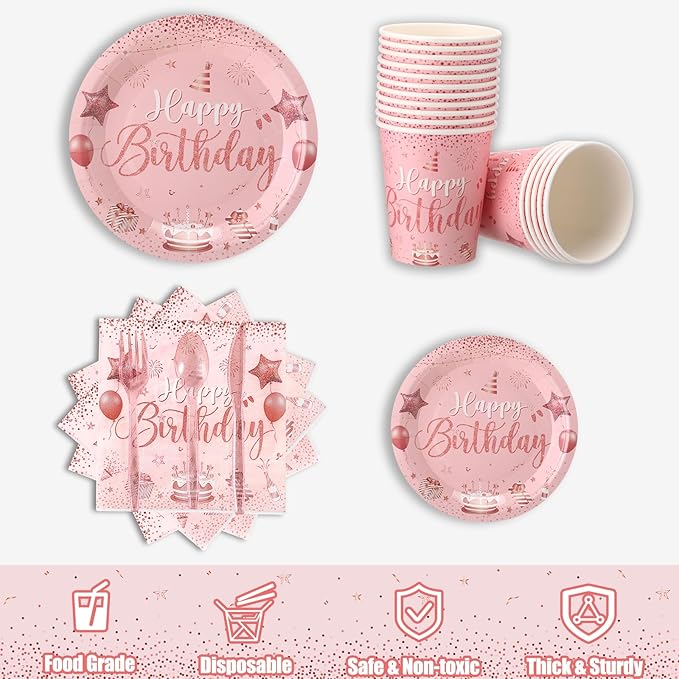 Vesici 171 Pcs Happy Birthday Party Supplies 24 Set Disposable Party Tableware include Plates Cups Napkins Cutlery and Banner Tablecloth Birthday Dinner Decorations for Men Woman(Pink, Rose Gold)