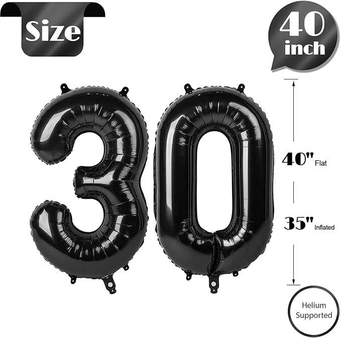 Black Number 30 Balloon 40 Inch, 30th Birthday Party Decorations for Children, Giant 30 Foil Balloon for Party Supplies