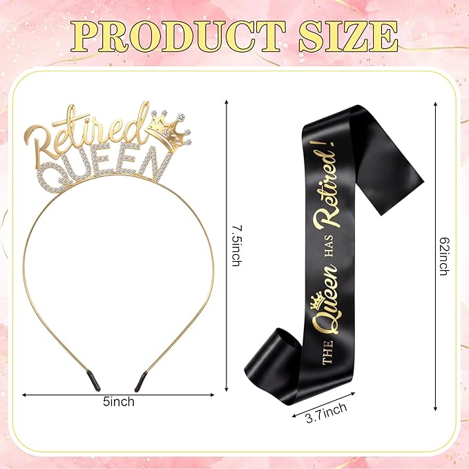 2 Pcs Retirement Party Decorations Retired Sash Retired Queen Tiara Crown for Women Retirement Gifts Black Sash and Gold Rhinestone Headband for Party Supplie, Gifts, Favors