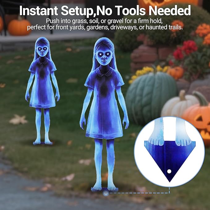 Scary Girl Ghost Courtyard Decoration for Halloween Outdoor, 2PCS Spooky Halloween Ghost Twins Yard Signs with Stakes, 16" Waterproof Iron Creepy Twins Lawn Signs Ground Stakes for Home Outside Decor