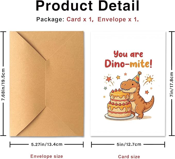 Cute Dinosaur Birthday Card for Kids Adults, Funny T-Rex Dino-Mite Pun Greeting Card, Awesome Bday Gift for Boy Girl Friend, Unique