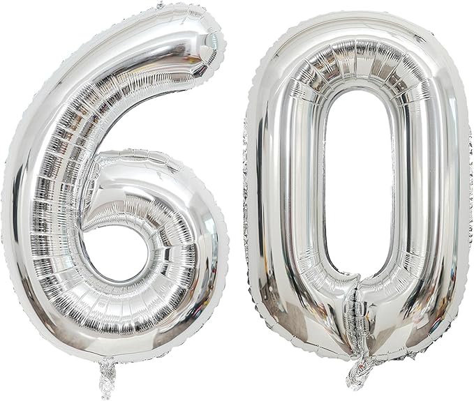 Giant Silver Number 60 Balloons, 40 Inch Jumbo Number 60, Large Foil Mylar Balloons for Girls Women 60th Birthday Party Decorations, 60 Anniversary Events Decorations