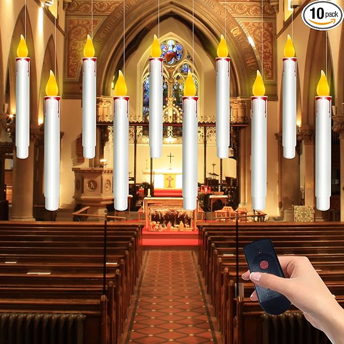 GOOTHY 10 PK Halloween Floating Candles, Hanging Floating Candles with Remote and Flickering Warm Lights, Battery Operated LED Flameless Window Candle Lights for Halloween Party Birthday Home Decor