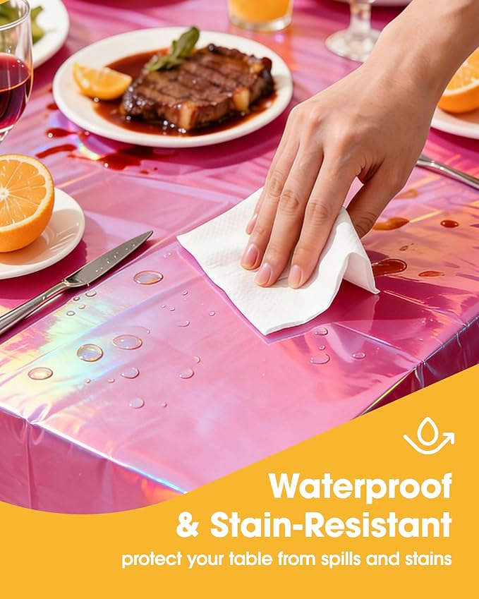 Iridescent Pink Plastic Table Cloth - 4 Pack 54" × 108" Rectangle Disposable Tablecloths for 6FT Tables, Table Cover for Party, Holiday & Gathering Use