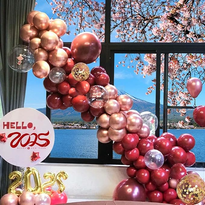 Burgundy Balloon Arch Kit, 141 Pcs Maroon Metallic Chrome Gold Rose Gold and White Latex Balloons Different Sizes 18 12 10 5 Inch for Birthday Wedding Anniversary Bridal Bachelorette Wine Party