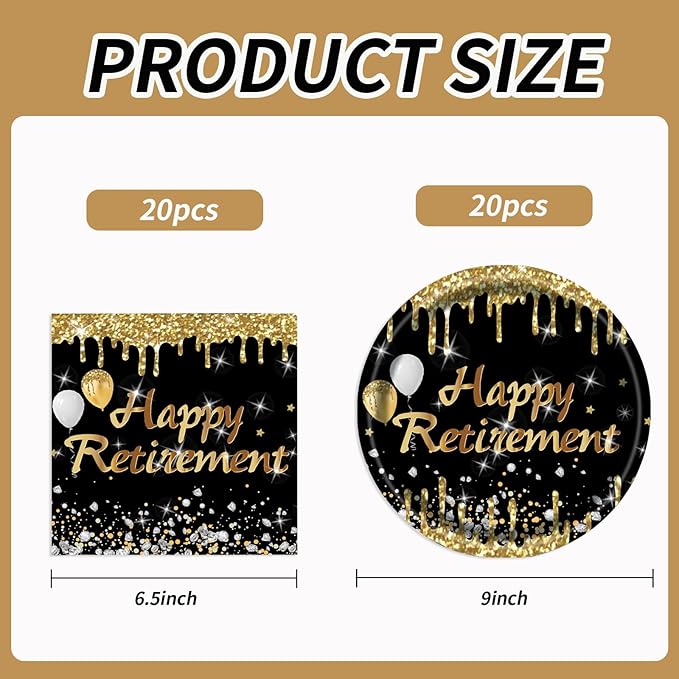 40PCS Retirement Party Plates Napkins Set, Black and Gold Happy Retirement Cake Plates Dinnerware 20 Guests Disposable Party Supplies Decoration for Women Men
