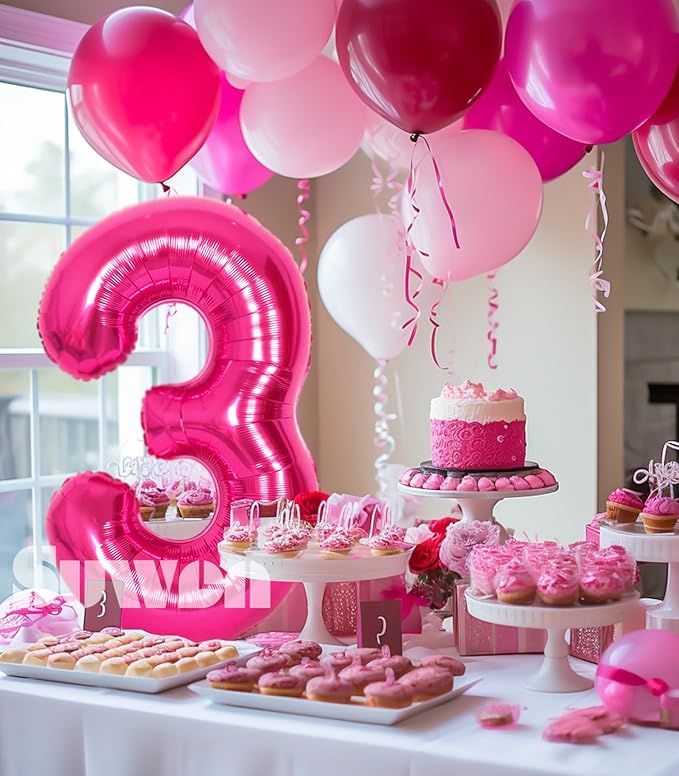 SUWEN 40 Inch Hot Pink Large 3 Number Balloons Big Foil Helium Number Balloons 0-9 Jumbo Happy 3rd Mylar Birthday Party Decorations for Girl Anniversary Party Supplies