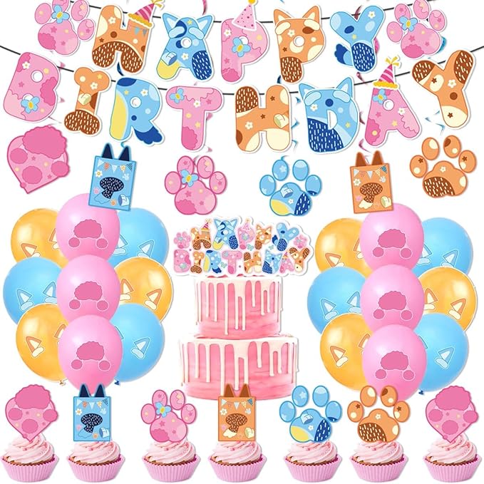 Kids Birthday Party Decoration Set, Pink Blue Orange Animal Theme, 18 Piece Balloon Pack with Banner, Cake Topper, Party Supplies