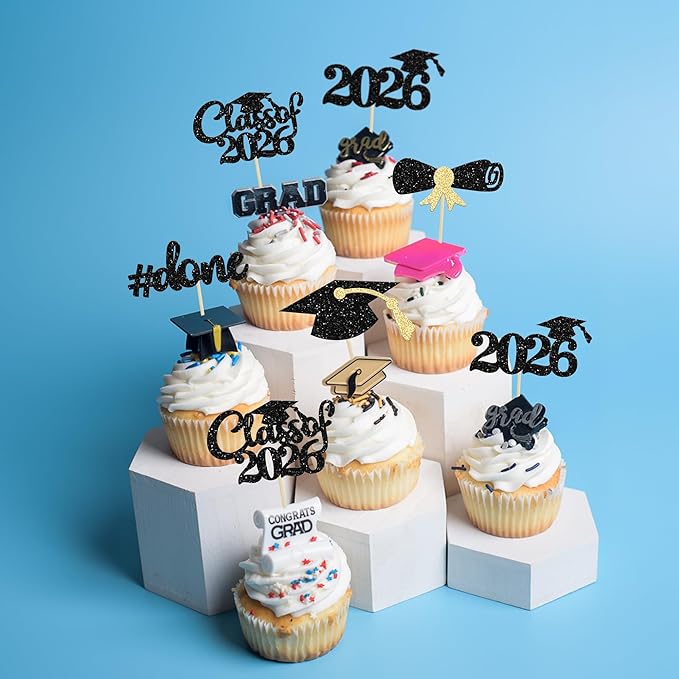 Gyufise 30Pcs 2026 Graduation Cupcake Toppers Gold Glitter Class of 2026 Cake Toppers Graduation Done Cupcake Picks Grad Cap Diploma Cake Decorations for 2026 Graduation Theme Party Cake Decorations