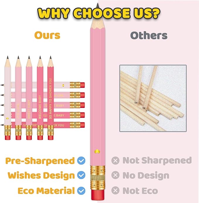 50Pcs - Baby Shower Sharpened Half Pencils with Erasers, Pre-sharpened Pencils for Baby Shower Games, 4 Inches