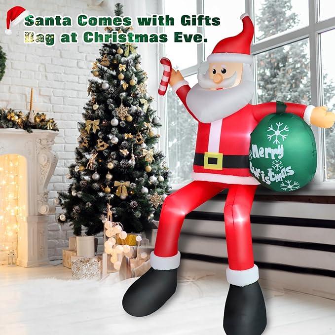 8 FT Inflatable Sitting Santa Claus Christmas Outdoor Decorations, Blow Up Santa Claus with Gift Bag Sitting on Roof Wall Tree Chair, Outdoor/Indoor Decorations for Street House Patio Bench Shrubs
