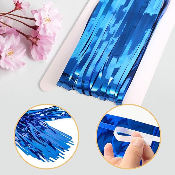 6 Pack Blue Foil Curtain Backdrop 3.2ft x 6.6ft Metallic Tinsel Fringe Backdrop Curtains Streamer Photo Booth Backdrop for Birthday Engagement Bachelorette Christmas Holiday Party Decorations