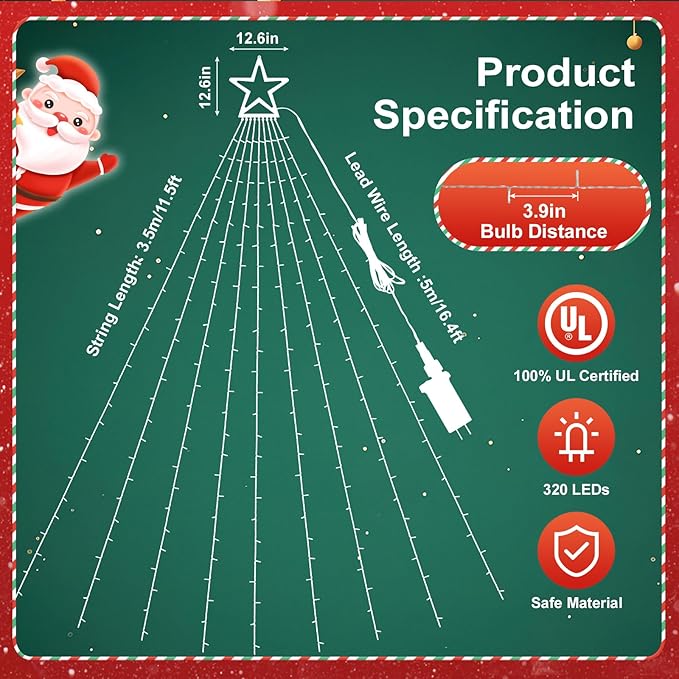 Christmas Decoration Lights, Outdoor Christmas String Lights 320 LED 11.5 Ft Waterfall Tree Light with Big Star Topper 8 Light Modes for Xmas New Year Holiday Garden Yard Indoor Outdoor Decor