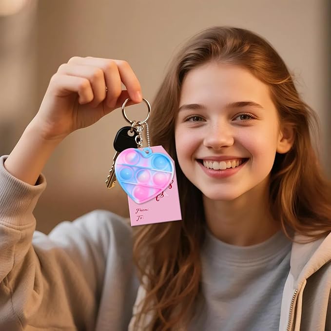 24 Packs Valentine's Day Cards with Pop Fidget Keychain Toys, Stress Anxiety Relief Fidget Toys with Cards for Kids Valentine Classroom Exchange Prizes, Valentine's Day Party Favors(24Pcs)