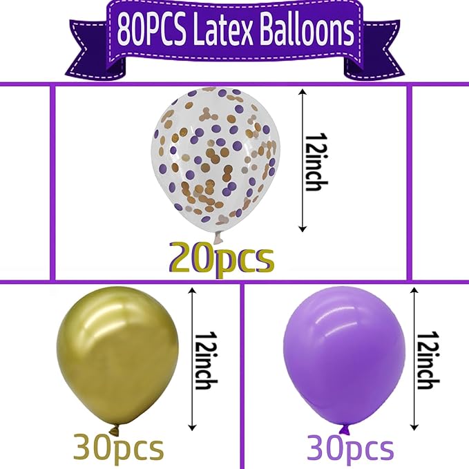 Purple Gold Balloons with Confetti Balloons 12 inch Latex Balloons 80 Pcs for Wedding Birthday Baby Shower Patriotic Themed Party Decorations