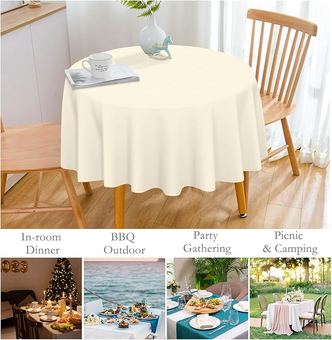 Mulbozy 12 Pack Ivory Round Tablecloth, 84 Inches Plastic Table Cover, Premium Disposable Round Party Tablecloth for Restaurant Dinners, Wedding, Grad Party, Baby Shower, Outdoor Camping
